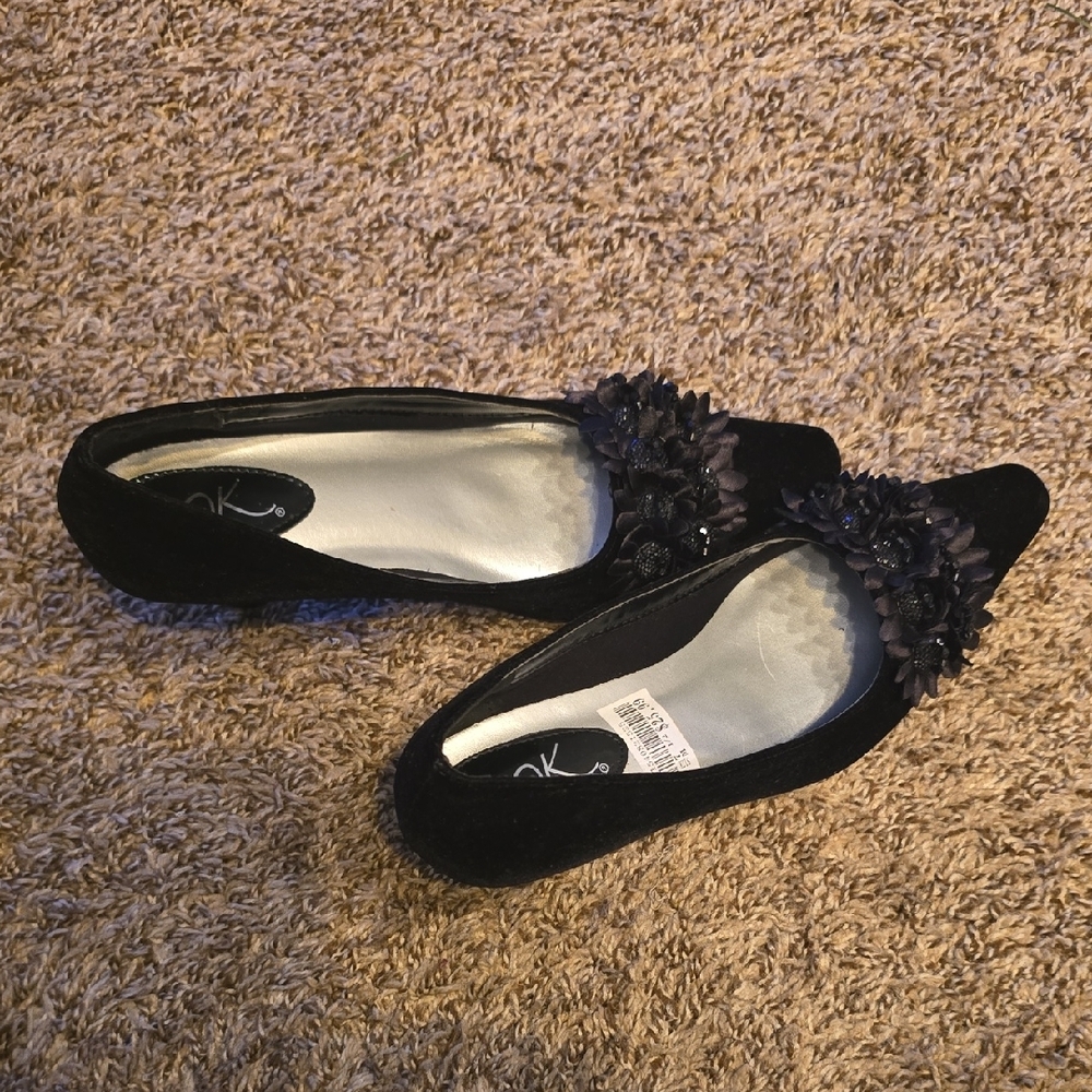 Black Suede Flats with Lace Overlay